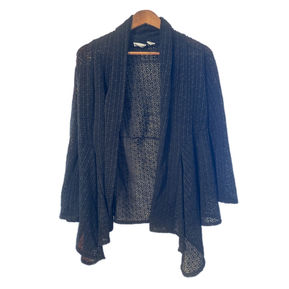 Chico's Cardigan Women Size‎ 4 Black Excellent Crochet Lace Draped Open Front